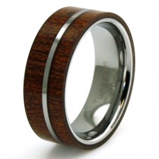 Tungsten Mahogany Wood and Center Silver Colored Band Inlay Ring